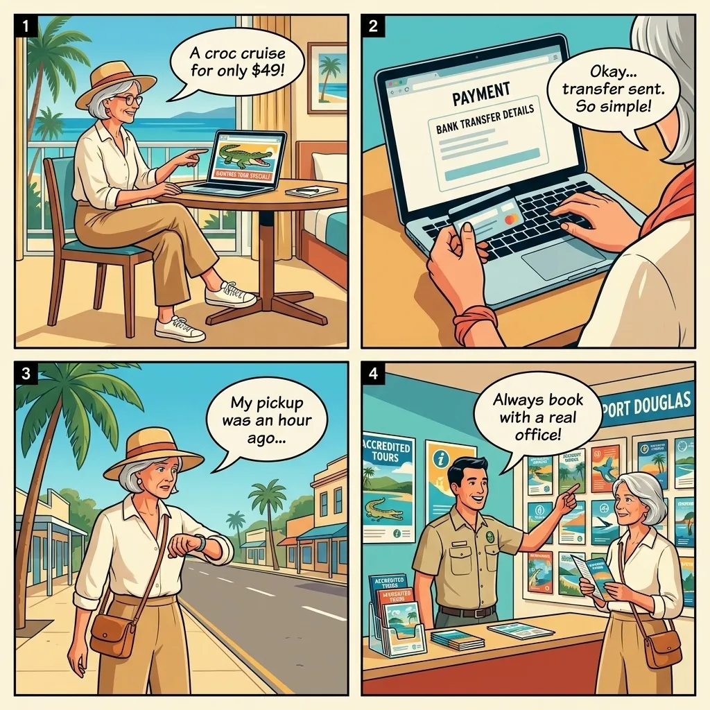 Fake Daintree River Cruise & Cape Tribulation Day Tour Booking — comic illustration