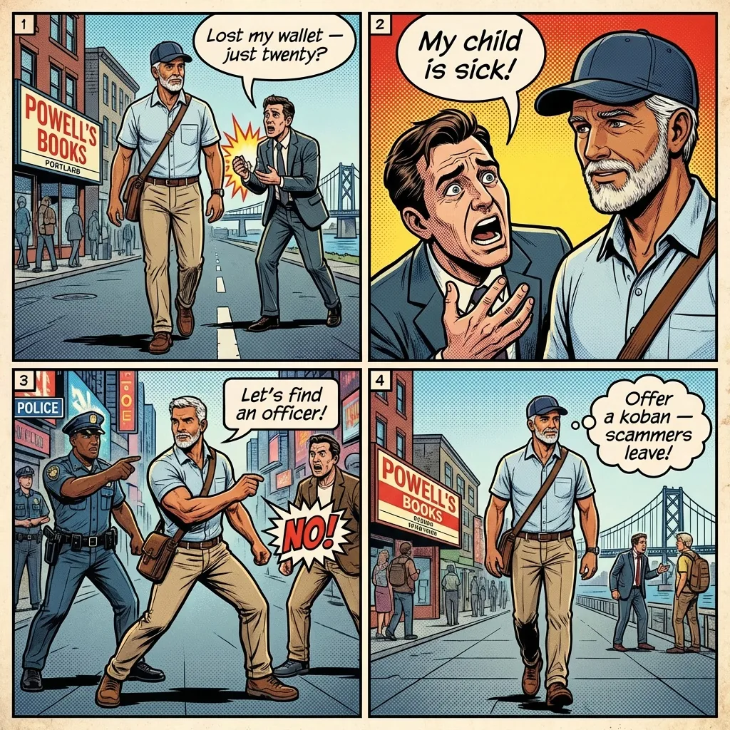 Aggressive Panhandling and Fake Homeless Scam — comic illustration
