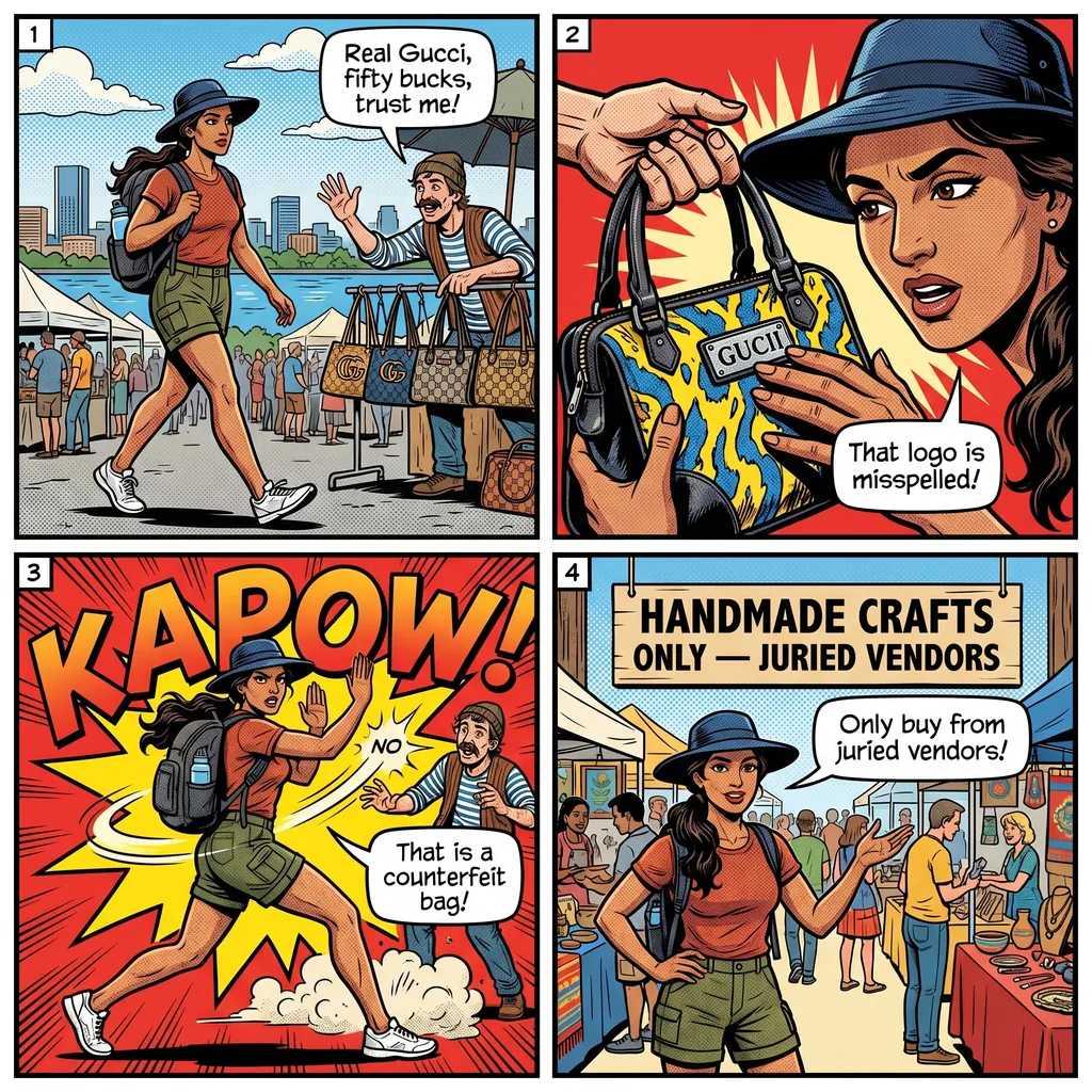 Counterfeit Goods at Saturday Market — comic illustration
