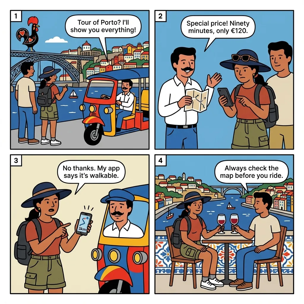 Porto Tuk-Tuk Tours with 'No Fixed Route' Overcharge — comic illustration