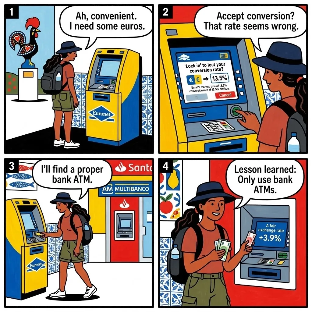 Porto ATM Skimming & Standalone-Machine Card Trapping — comic illustration