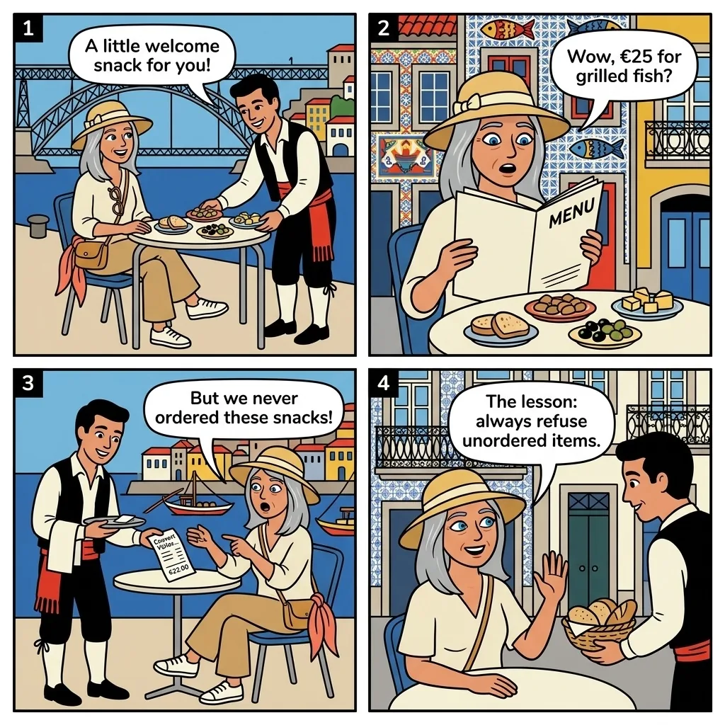 Porto Restaurant Couvert & 'Surprise Bill' Tourist-Menu Inflation — comic illustration