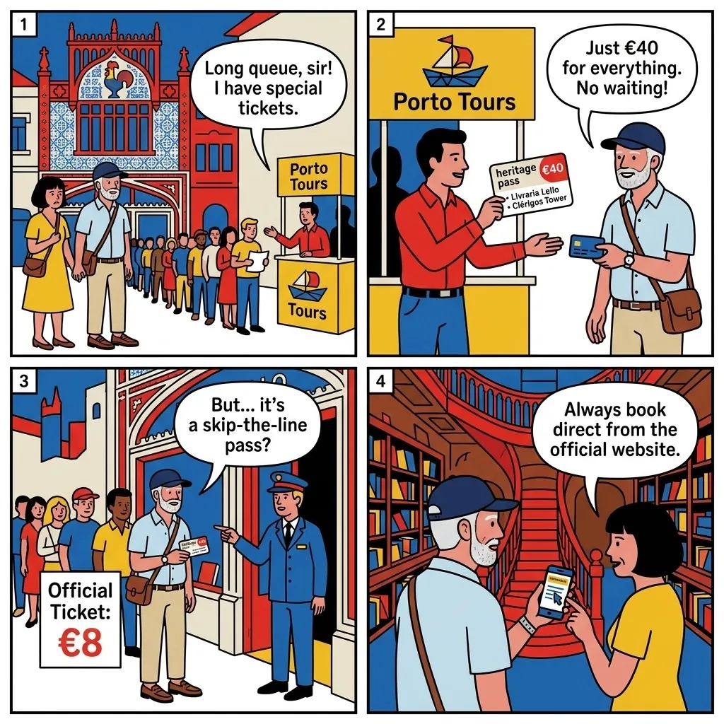 Livraria Lello 'Skip the Line' & Combined Ticket Reseller Markup — comic illustration