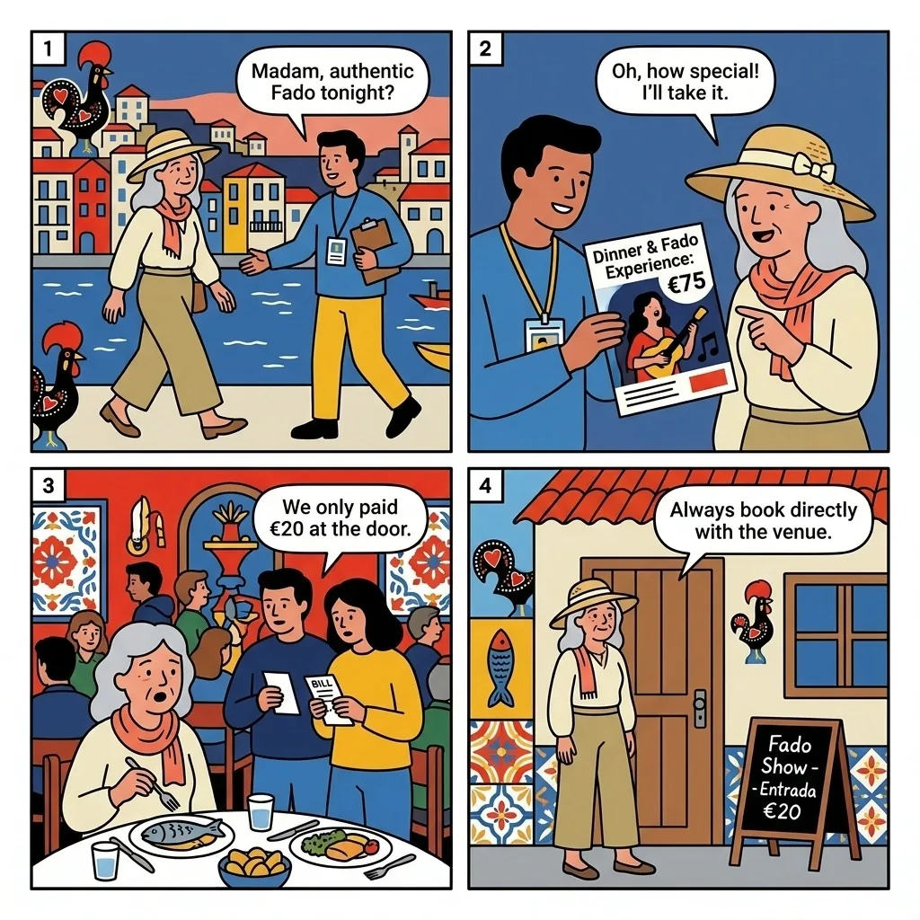 Porto Fado Show Tickets & Street Commission Tout Scam — comic illustration