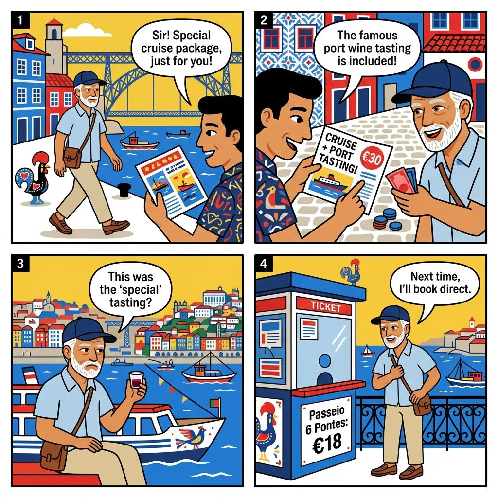 Douro Riverboat Cruise Hidden Extras & Ribeira Accommodation Fraud — comic illustration