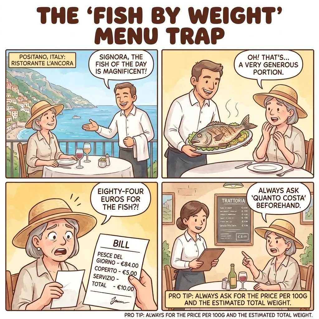 Waterfront "Pesce all'Etto" Fish-by-Weight Shock — comic illustration
