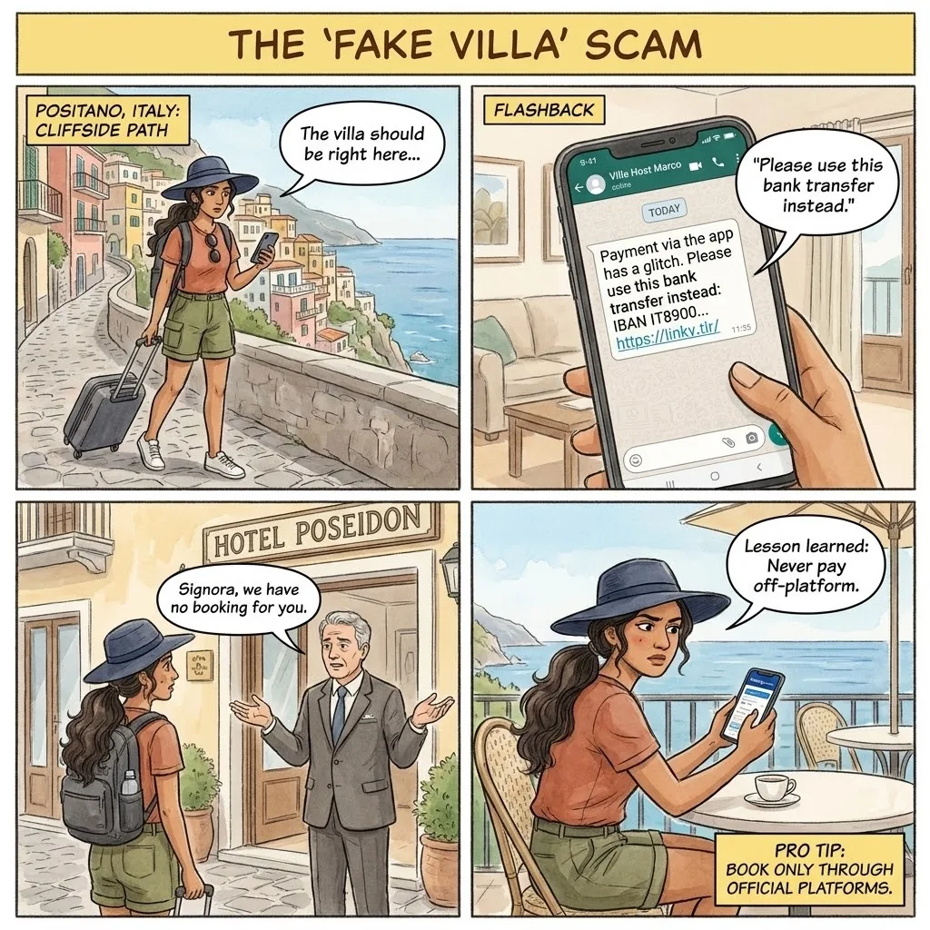 Fake Apartment / "Hotel Fantasma" Clone-Site Scam — comic illustration
