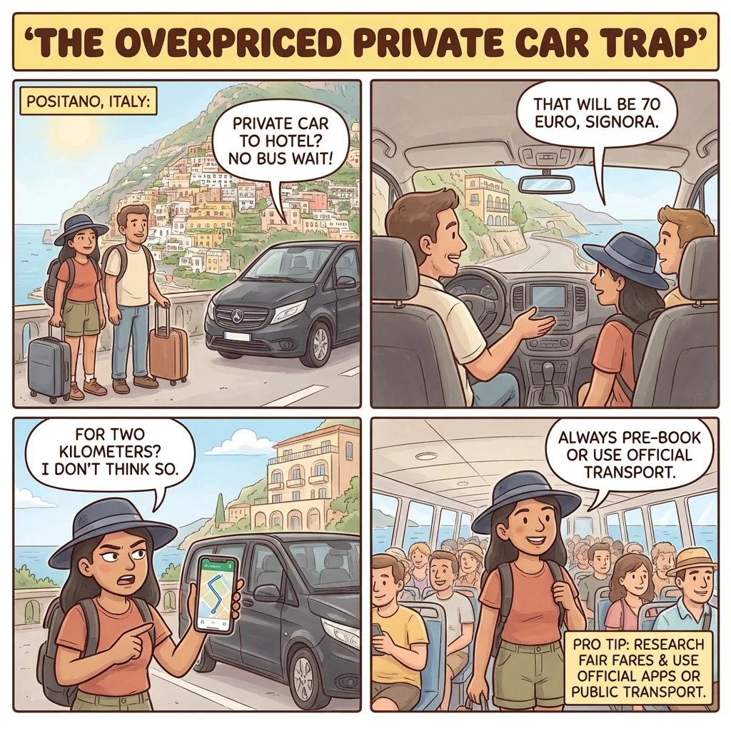 Positano Private-Transfer & Water-Taxi Gouge — comic illustration