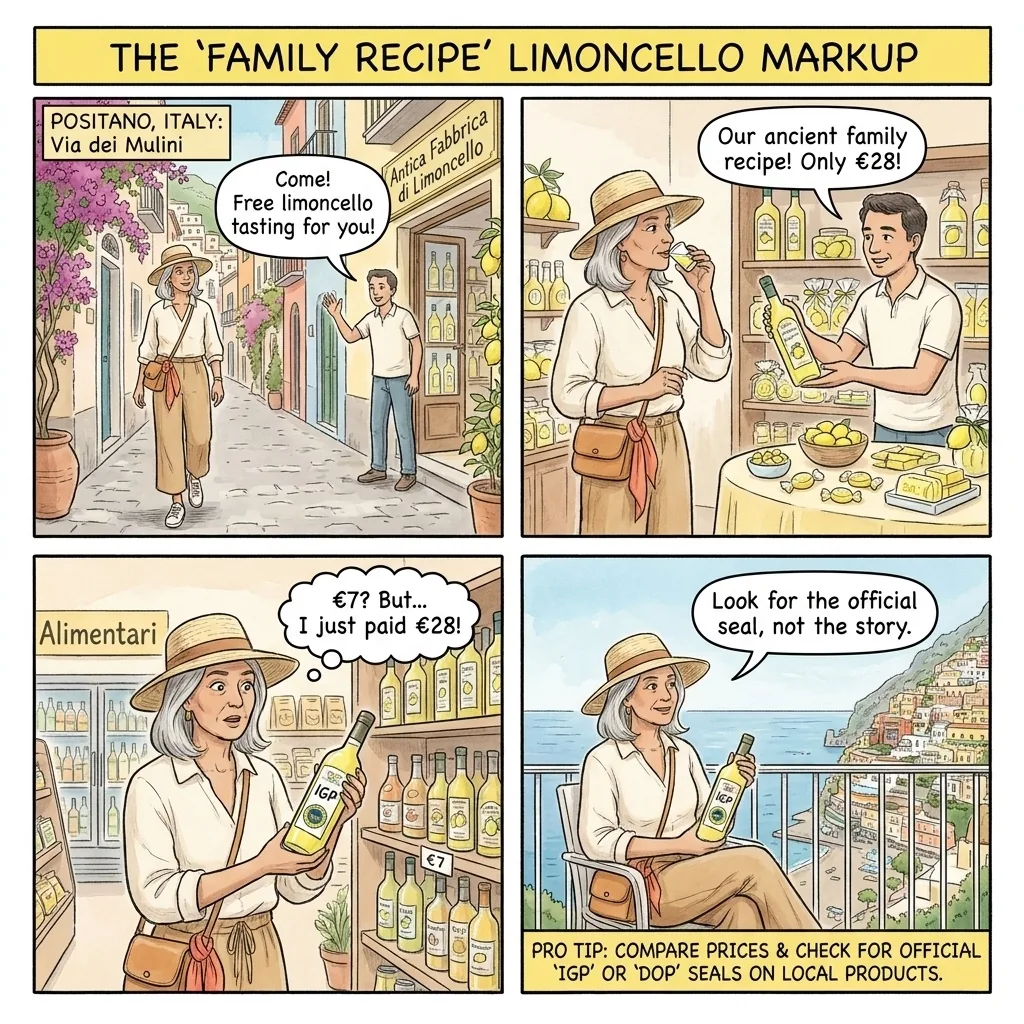 Via dei Mulini "Antico" Limoncello & Lemon-Product Upsell — comic illustration