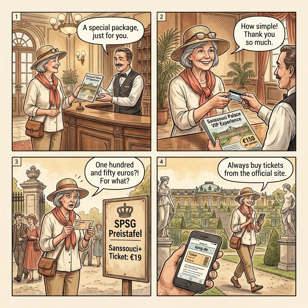 Sanssouci Palace Ticket Reseller & 'Skip-the-Line' Scam — comic illustration
