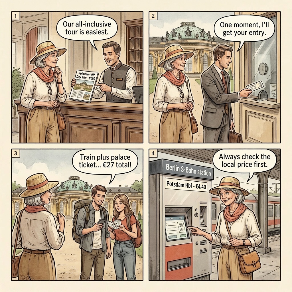 Berlin-to-Potsdam Day Trip Tour Package Overcharge — comic illustration