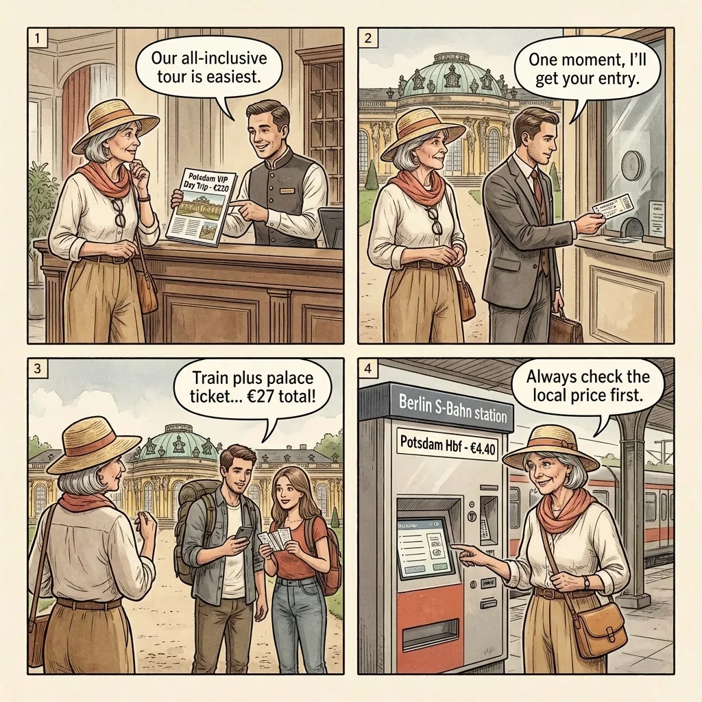 Berlin-to-Potsdam Day Trip Tour Package Overcharge — comic illustration