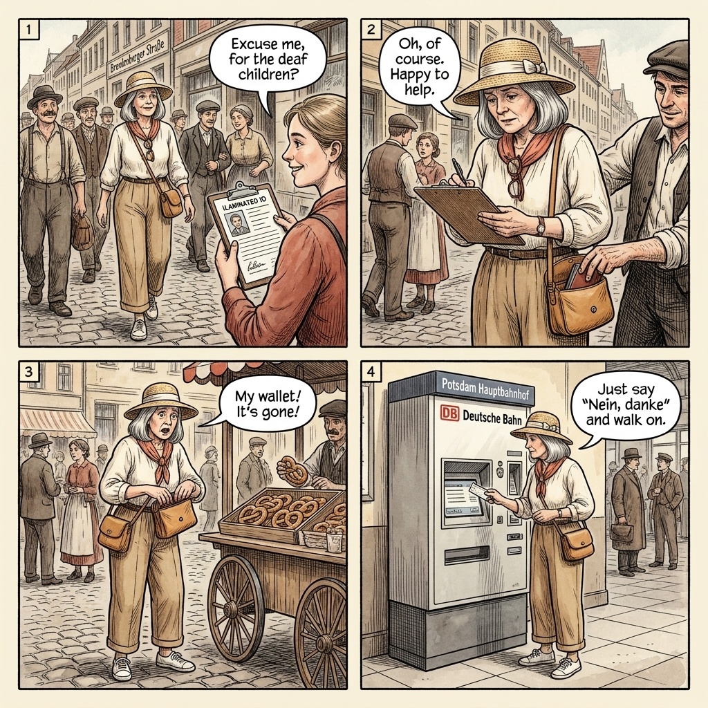Potsdam Hauptbahnhof & Altstadt Approach Scams — comic illustration