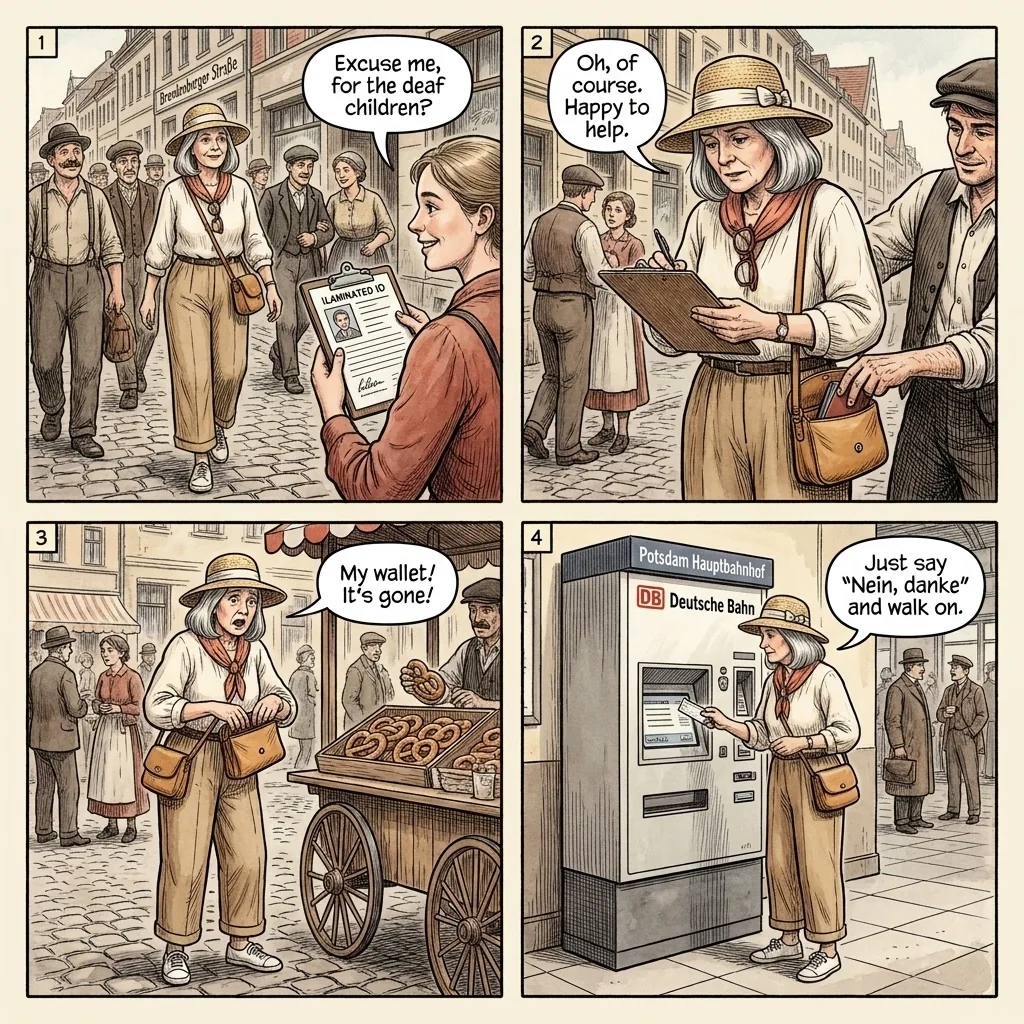 Potsdam Hauptbahnhof & Altstadt Approach Scams — comic illustration