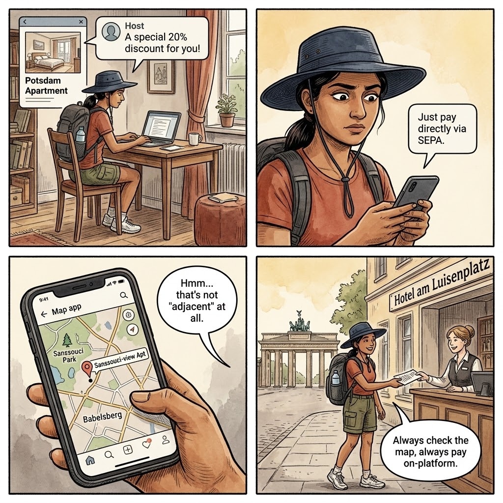 Potsdam STR & Sanssouci-Adjacent Accommodation Fraud — comic illustration