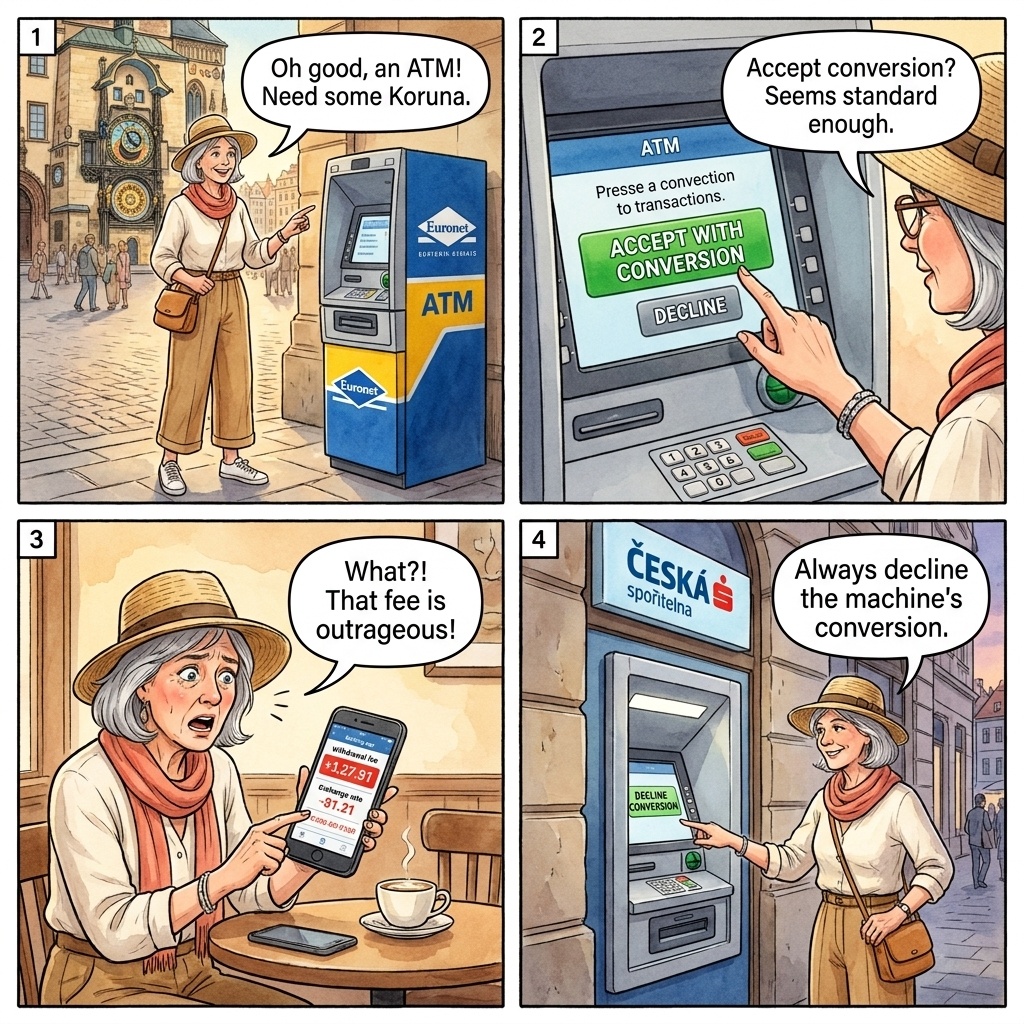 Prague Old Town free walking tour comic, tourist with EUR bills being told the guide only takes Czech crowns at end of tour