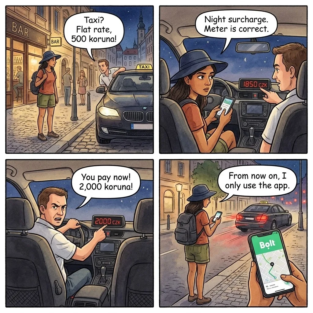 Unlicensed Taxi Overcharge — comic illustration