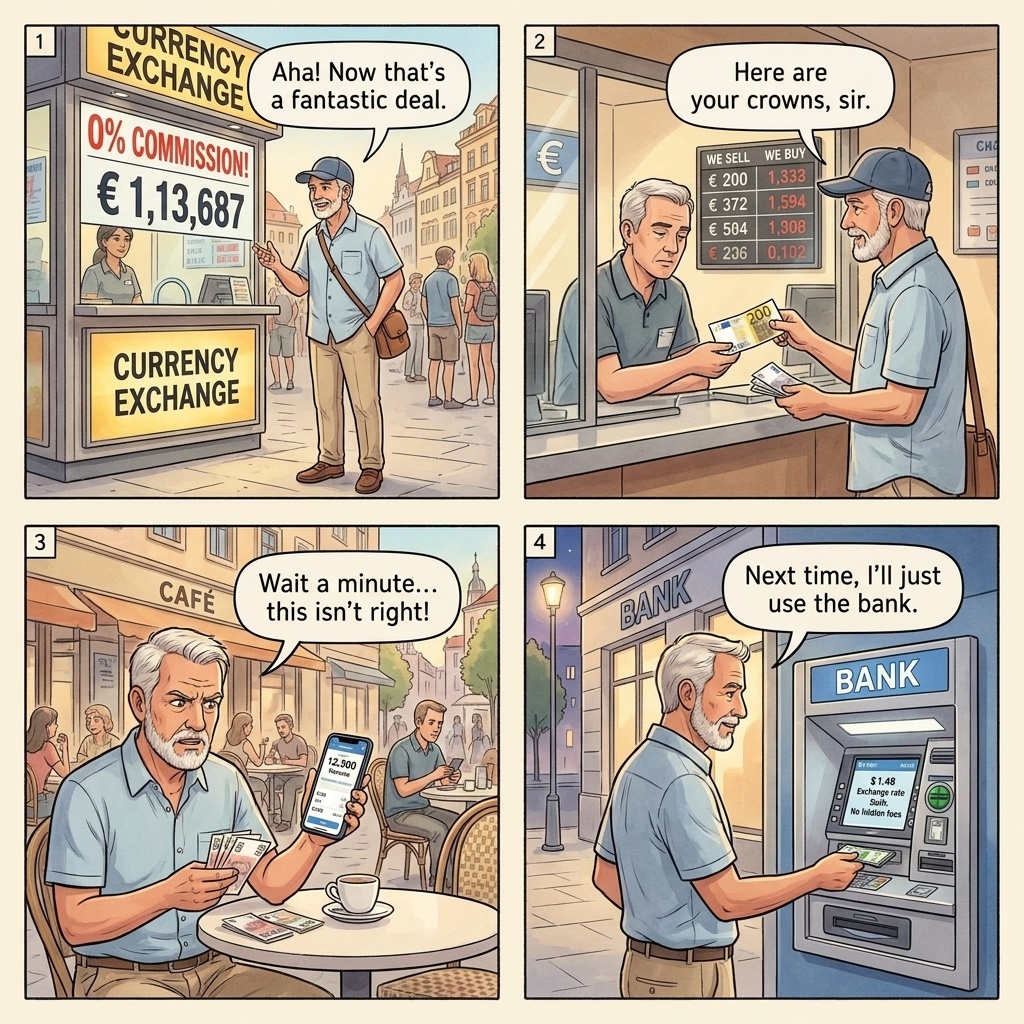 Prague Wenceslas Square ATM Lebanese loop comic, tourist standing at a private ATM with card stuck in the slot