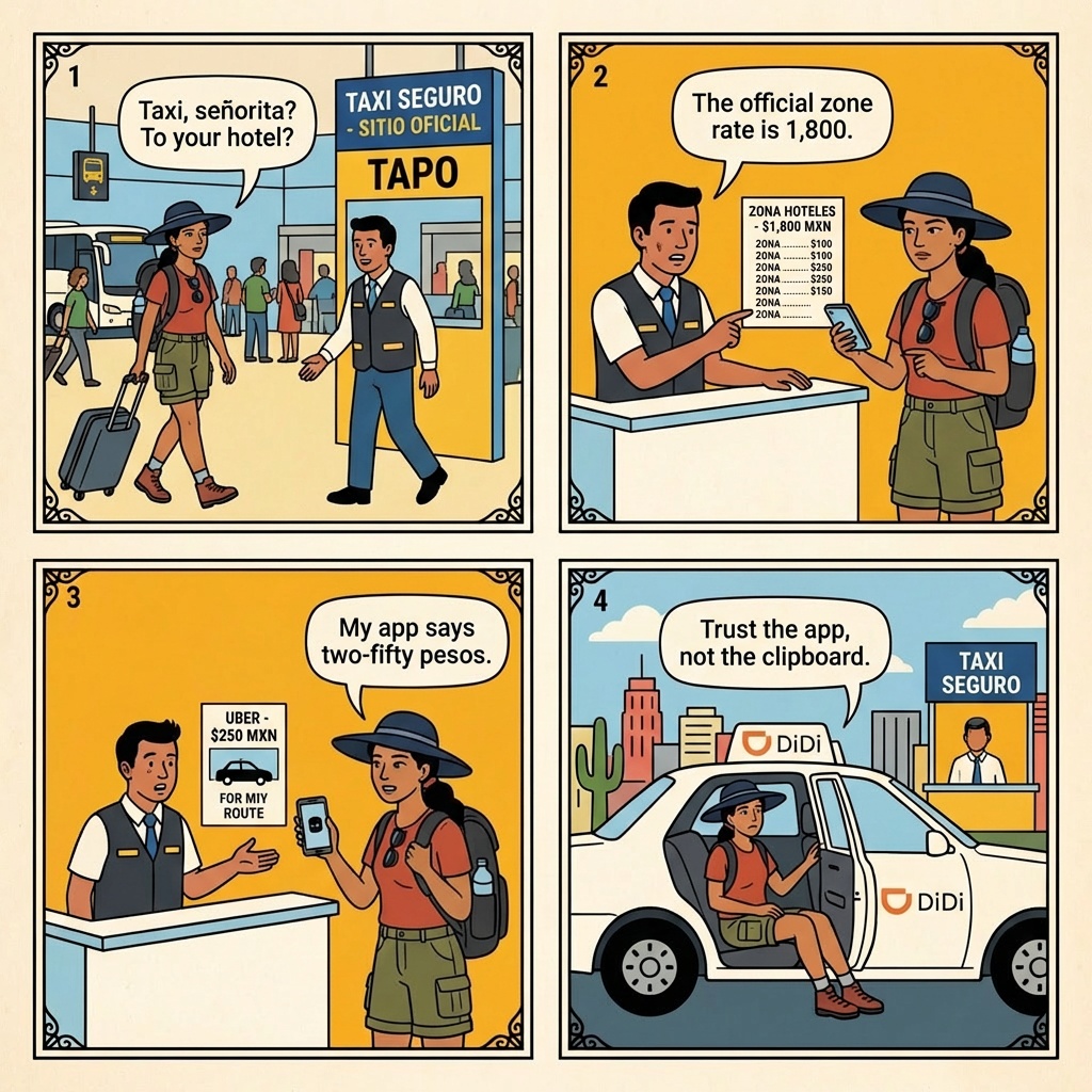 Mexico City-to-Puebla Bus Terminal Taxi Scam (TAPO + CAPU) — comic illustration