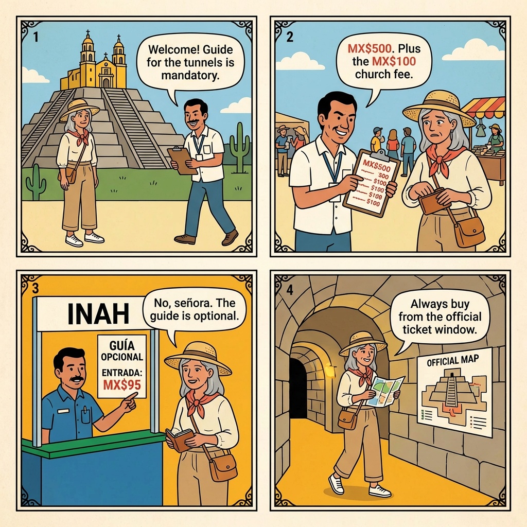 Puebla Cholula 'Mandatory Archaeological Guide' & Great Pyramid Scam — comic illustration
