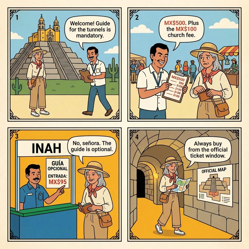 Cholula Pyramid 'Mandatory Guide' Trap — comic illustration