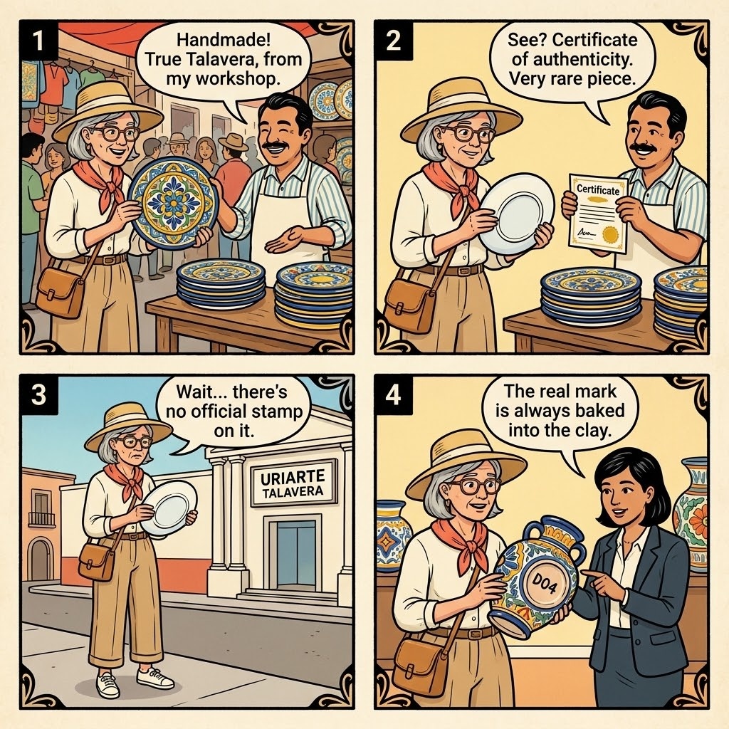Puebla Talavera Pottery 'Authentic Certified' Fake Pricing & Workshop Scam — comic illustration