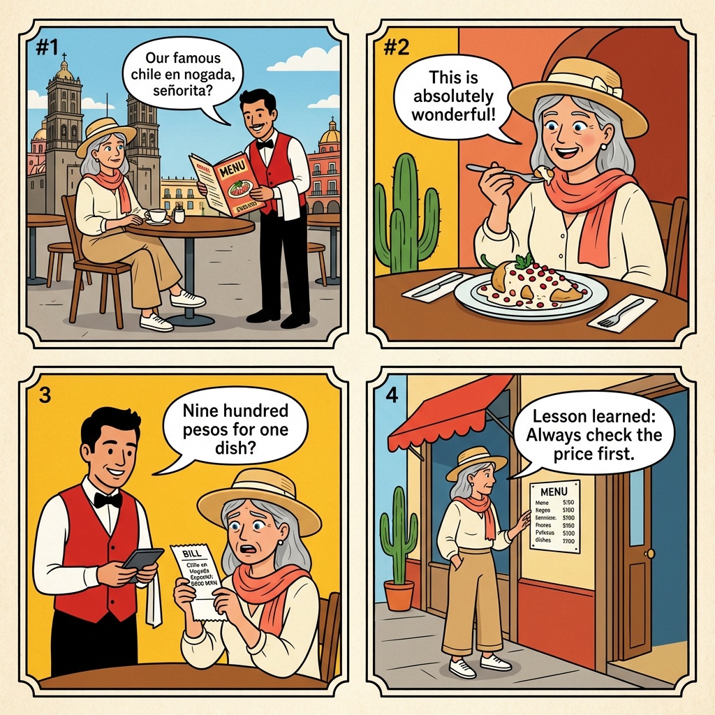 Puebla Centro Restaurant Tourist-Menu Bill-Padding & Chile en Nogada Upcharge — comic illustration