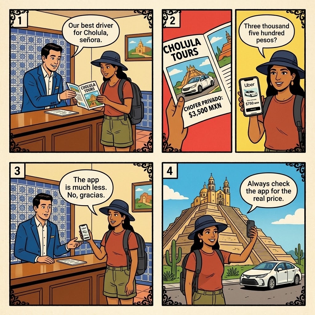 Puebla Day-Trip Driver & Hotel-Concierge Commission Kickbacks — comic illustration