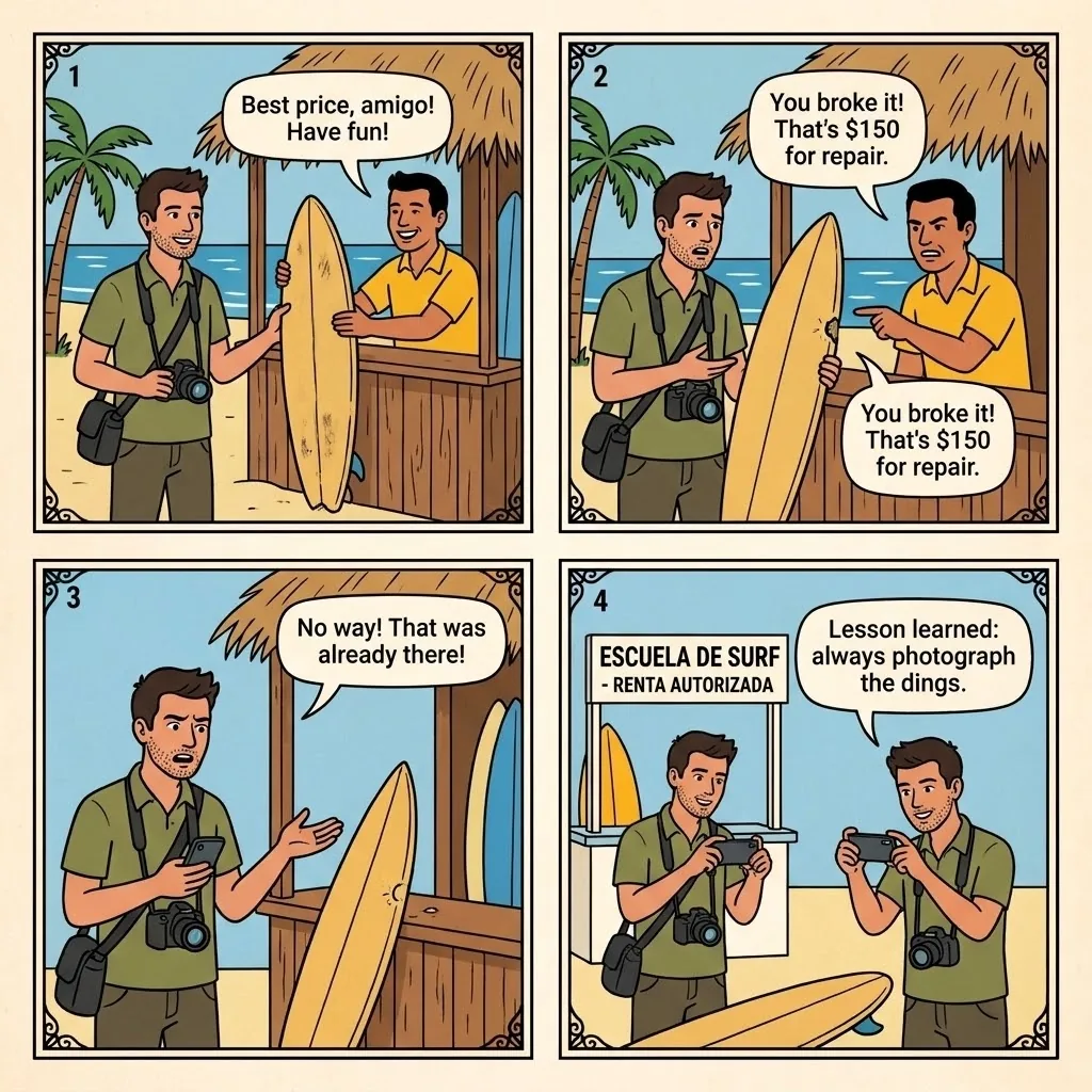 Zicatela Surf-Board Damage Scam — comic illustration