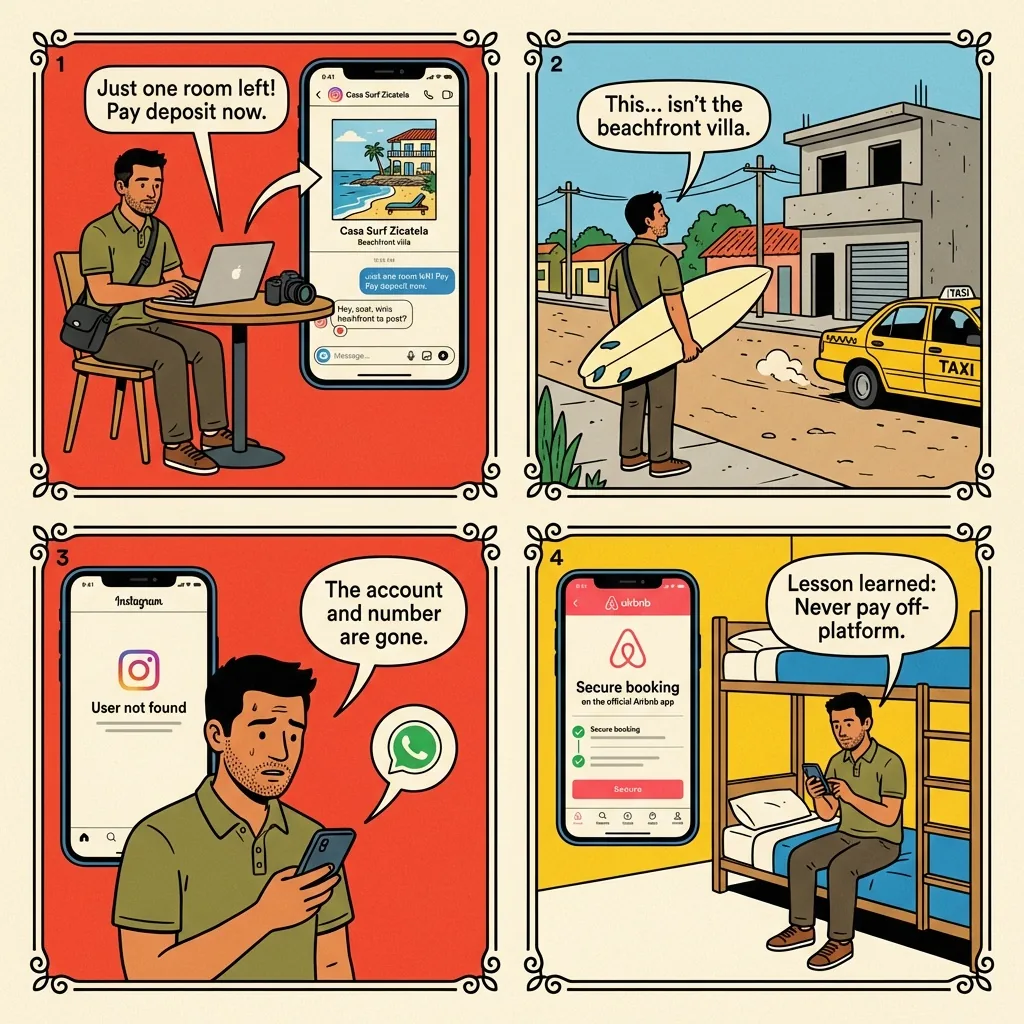 'Surf-House' Instagram Listing Fraud — comic illustration