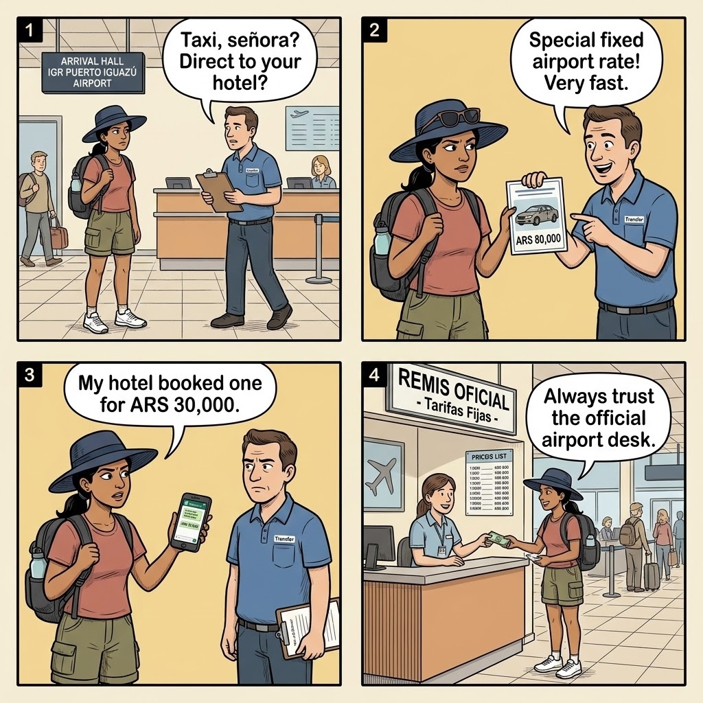 IGR Airport Transfer & Puerto Iguazú Taxi Overcharge — comic illustration