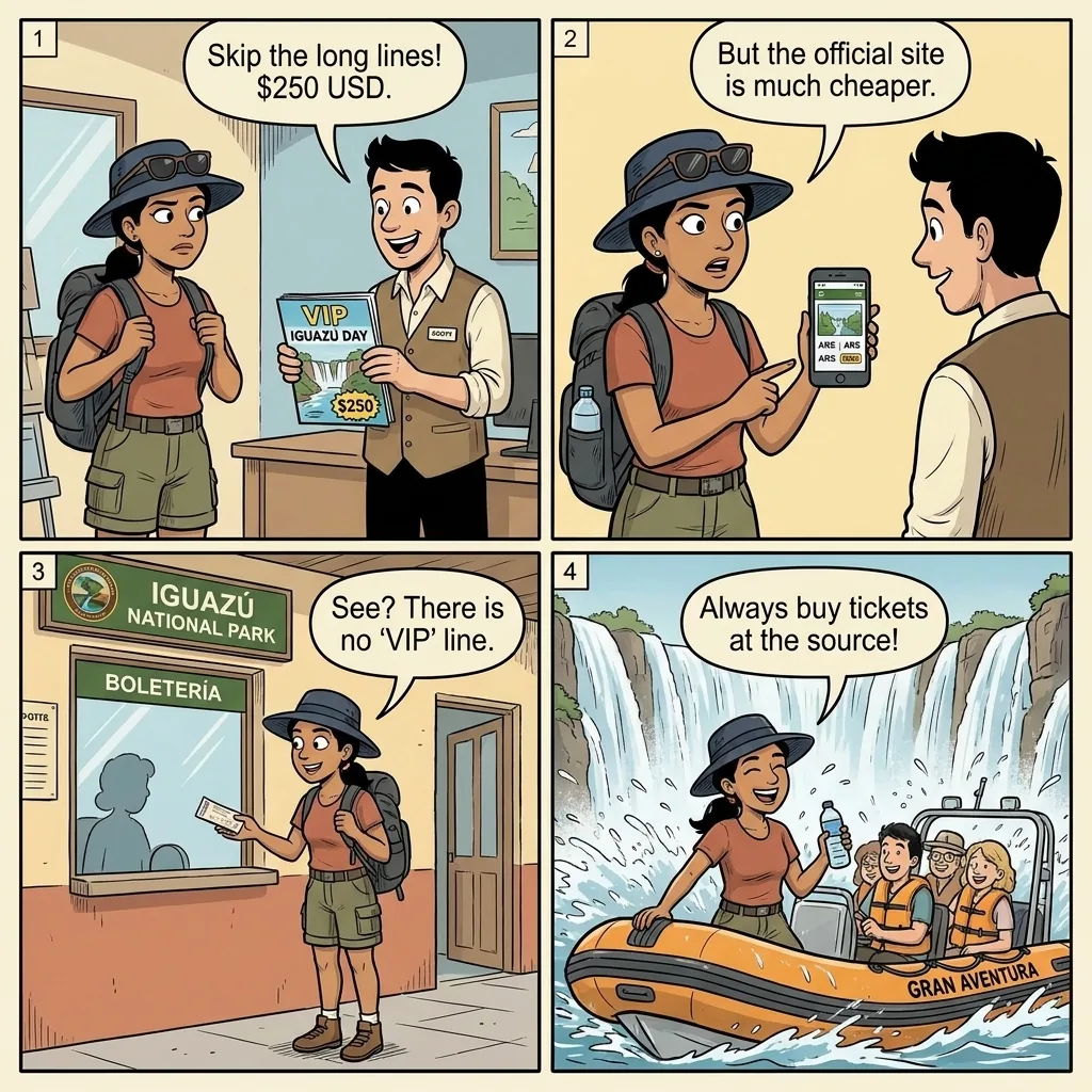 Iguazú National Park Tour Package & Gran Aventura Upsell — comic illustration