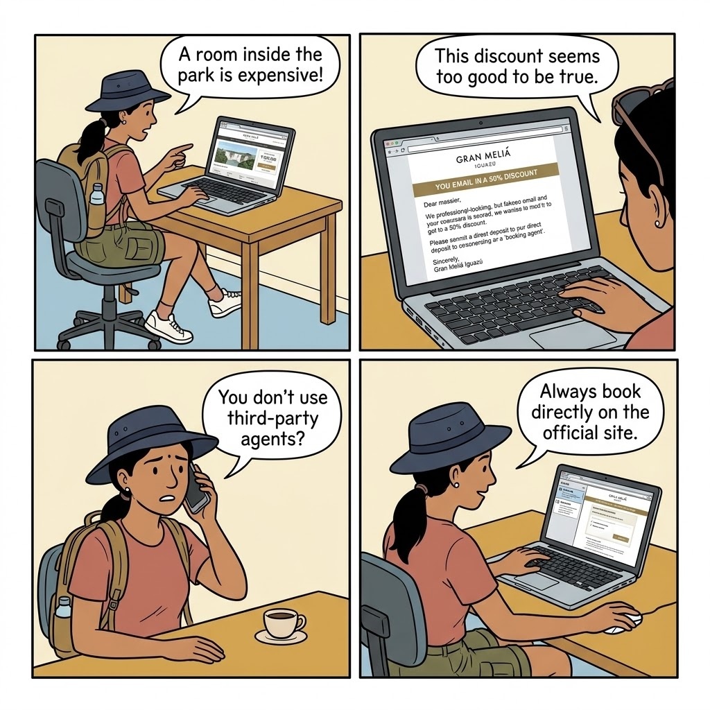 Puerto Iguazú Hotel & In-Park Lodge Booking Fraud — comic illustration