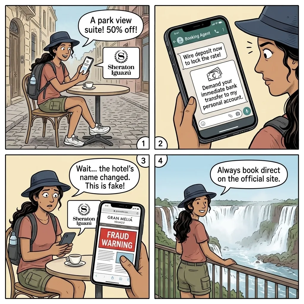 Puerto Iguazú Hotel & In-Park Lodge Booking Fraud — comic illustration