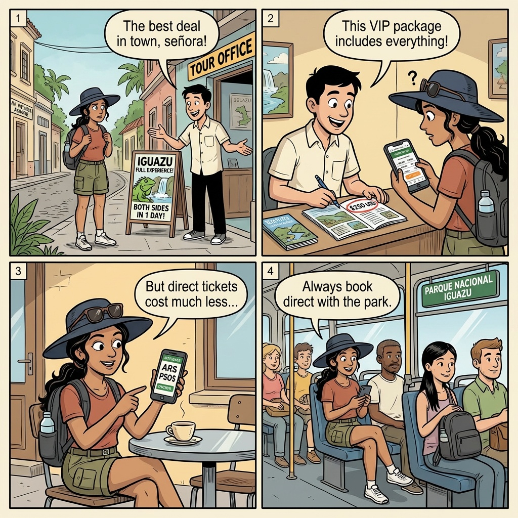 Puerto Iguazú Downtown Tour-Agency Overcharge & 'Both Sides One Day' Bundles — comic illustration