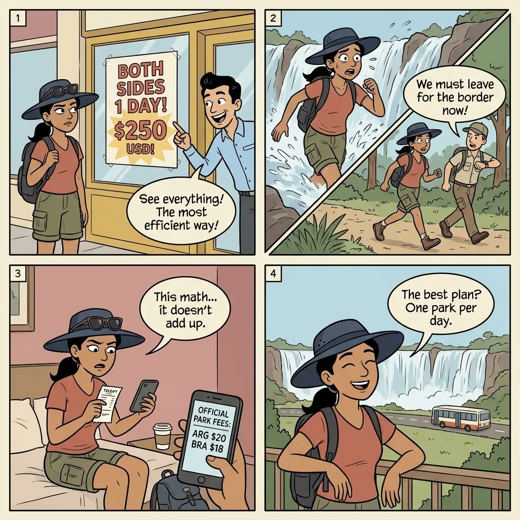 Puerto Iguazú Downtown Tour-Agency Overcharge & 'Both Sides One Day' B — comic illustration