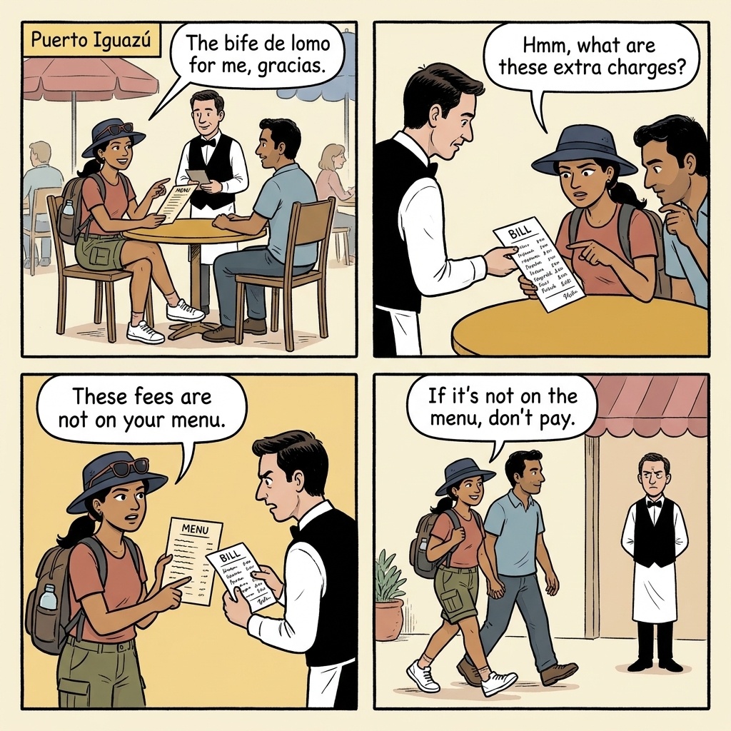 Puerto Iguazú Restaurant Bill-Padding & Tourist-Menu Overcharge — comic illustration