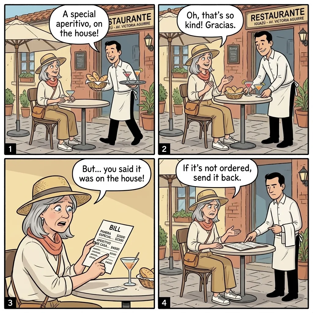 Puerto Iguazú Restaurant Bill-Padding & Tourist-Menu Overcharge — comic illustration