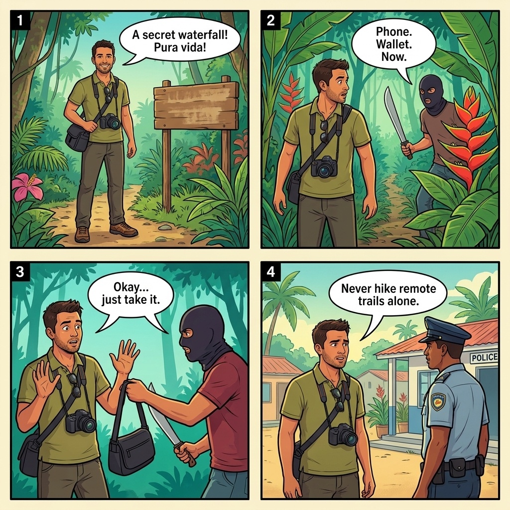 Masked Machete Robberies on the Volio / Bribri Waterfall Trails — Kekoldi Buffer to Gandoca-Manzanillo — comic illustration