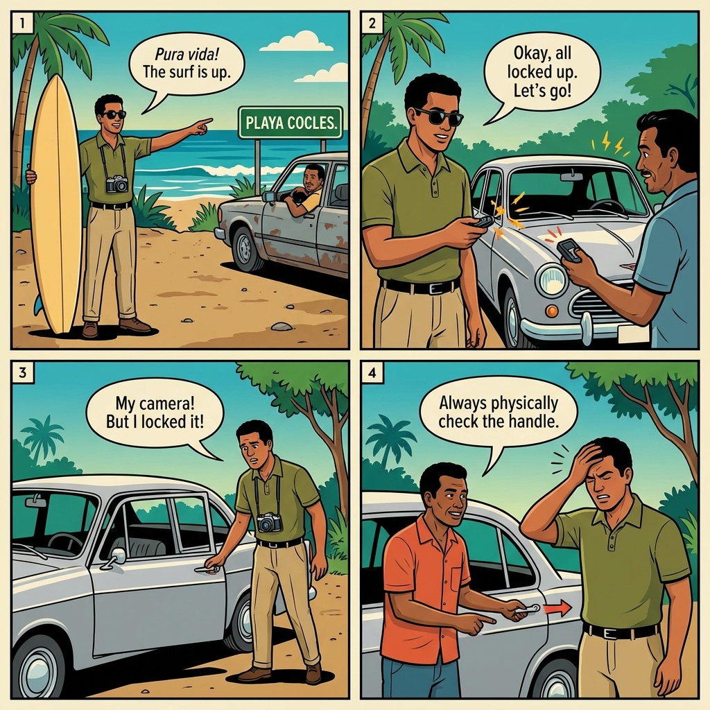 Key-Fob Jammer Car Break-Ins on Playa Cocles, Playa Chiquita, and Route 256 Beach Pullouts — comic illustration