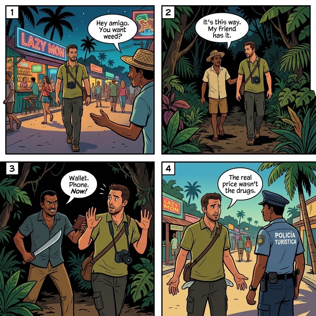 'You Want Weed?' Drug-Dealer Stalking and Robbery-After-Deal Setup on Calle 217 and the Beach Path — comic illustration