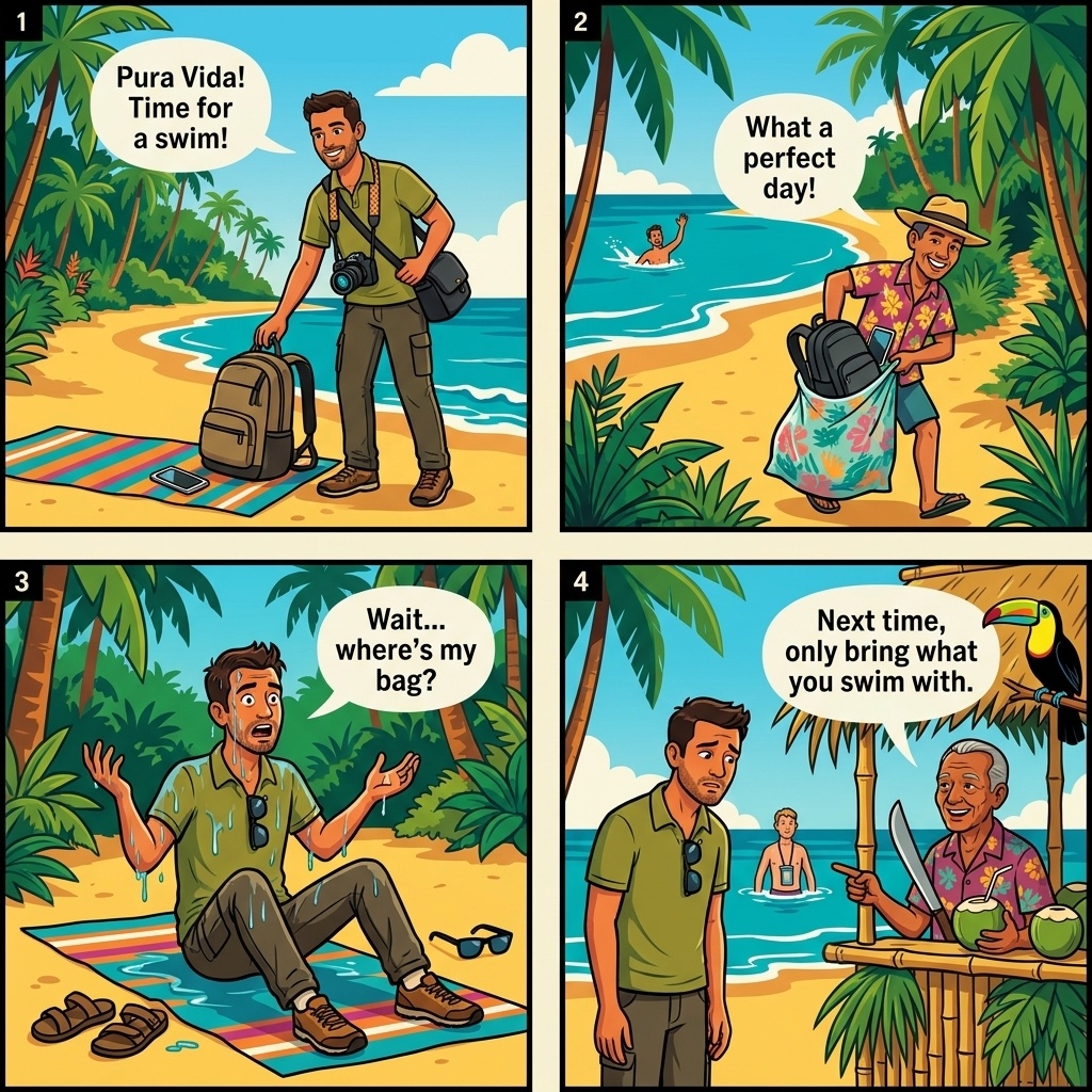 Beach Belongings Snatch during Swim / Snorkel — Playa Cocles, Playa Chiquita, Punta Uva — comic illustration