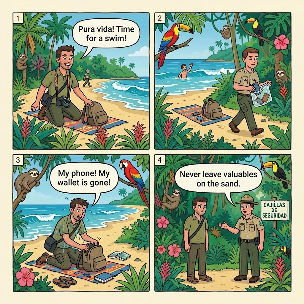 Beach Belongings Snatch on Playa Cocles & Punta Uva — comic illustration