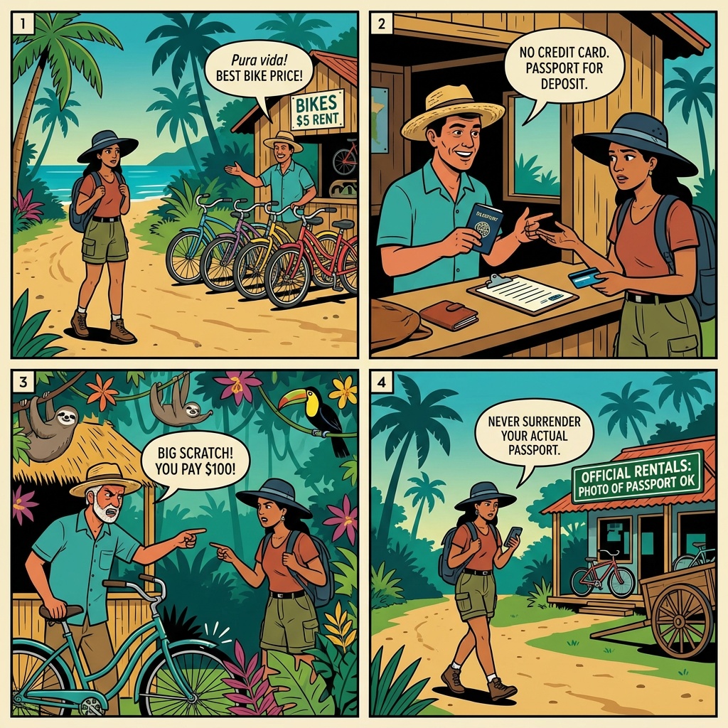 Bike Rental Passport-as-Deposit + 'Scratch Damage' Inflation Shakedown — comic illustration