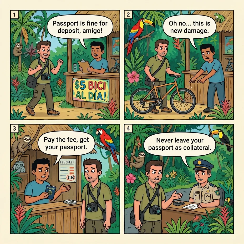 Bike Rental Passport-as-Deposit + 'Scratch Damage' Inflation Shakedown — comic illustration