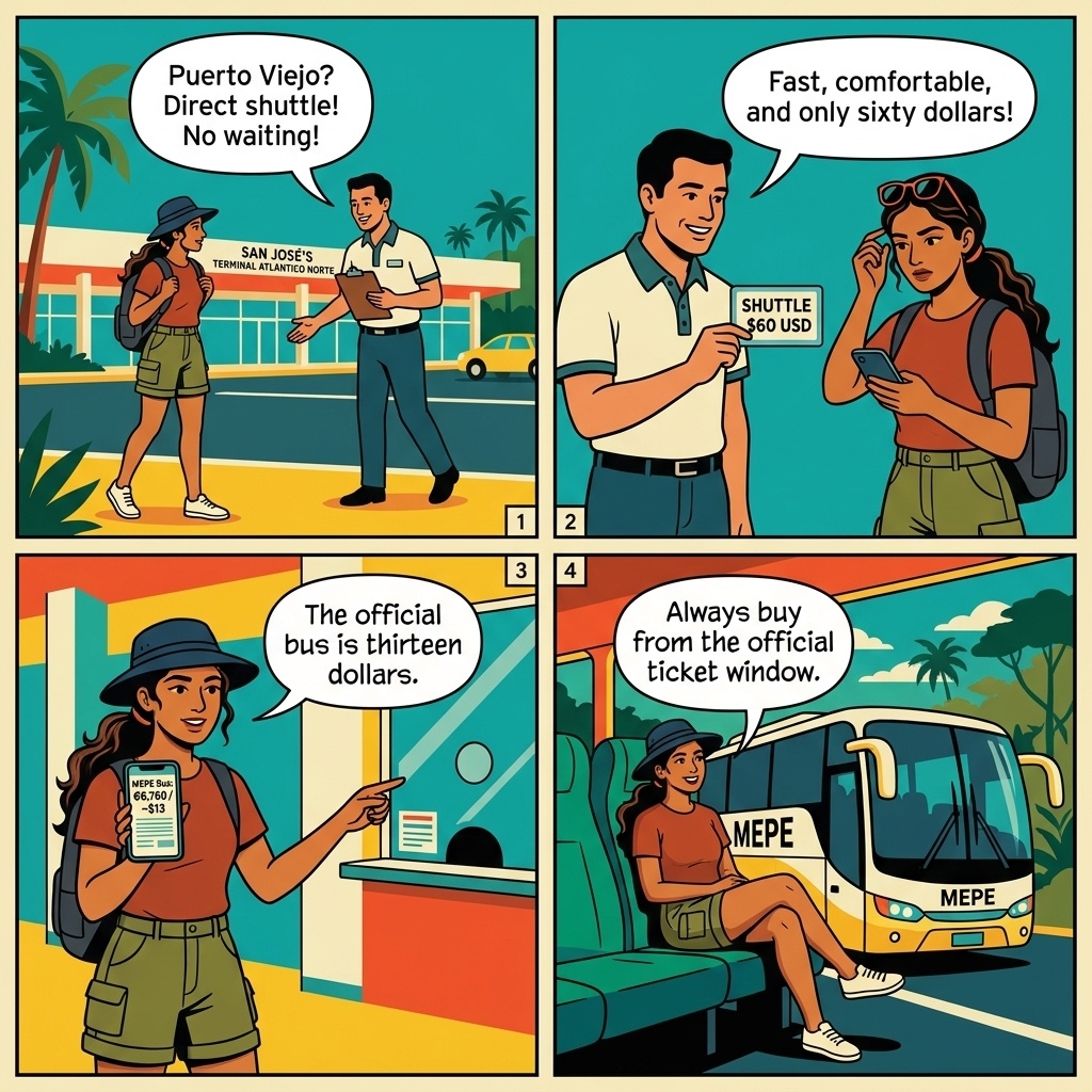 MEPE vs Fake Shuttle Fare Gouging — San José Atlántico Norte Terminal to Puerto Viejo — comic illustration