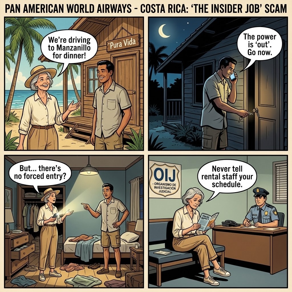 Airbnb / Villa Inside-Job Burglary during Advertised 'Power Outage' — Playa Cocles and Punta Uva Rentals — comic illustration