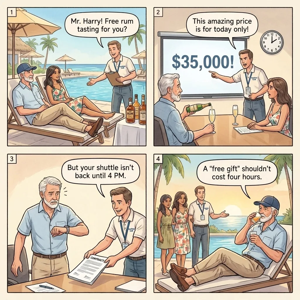 Bavaro All-Inclusive Timeshare-Lanyard Pressure Sale — comic illustration