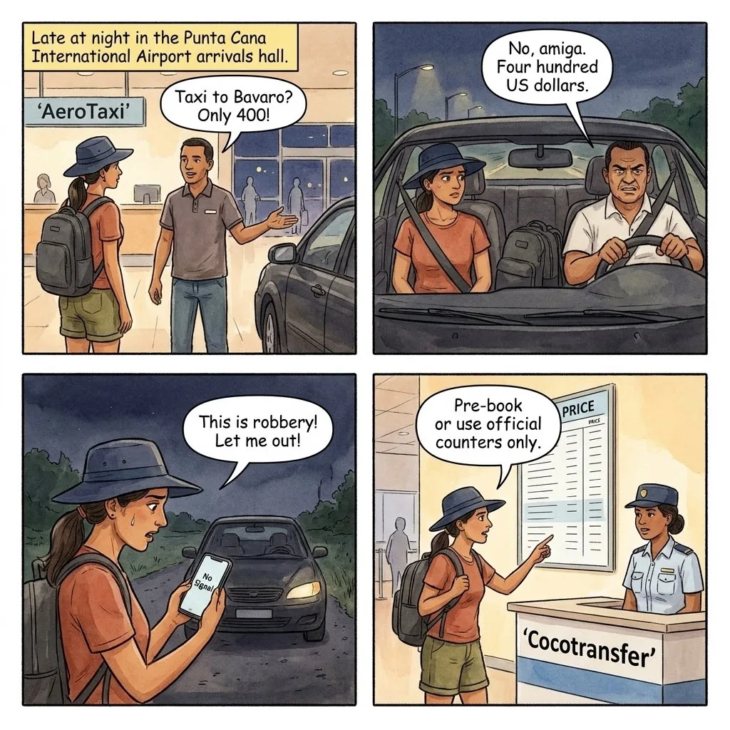 PUJ Airport Pesos-Versus-Dollars Taxi-Tout Currency Switch — comic illustration