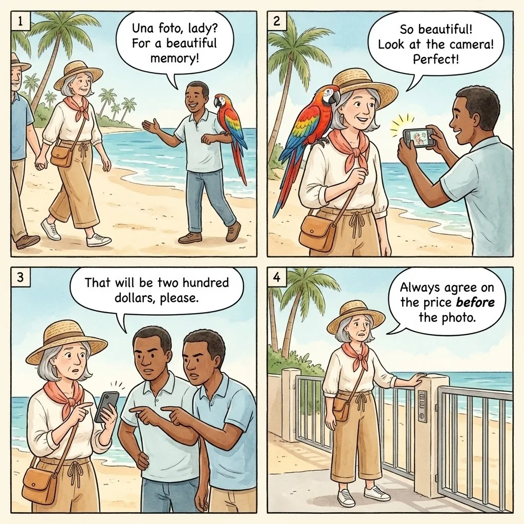 Bavaro Beach Parrot-and-Iguana Photo-Drape Shakedown — comic illustration